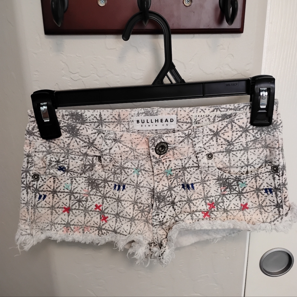 Bullhead Women's Geometric Jean Short Shorts- Gray, Pink, White Multicolor